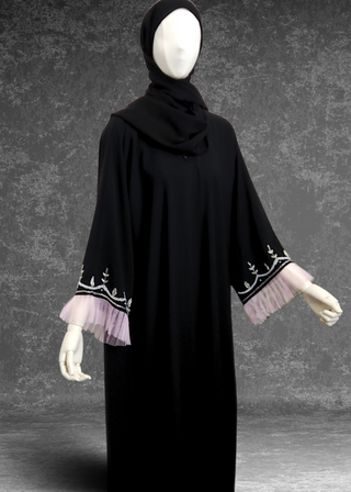 Black Abaya With Hand-Embroidery Beads And Net Sleeves - Khushu Modest Wear