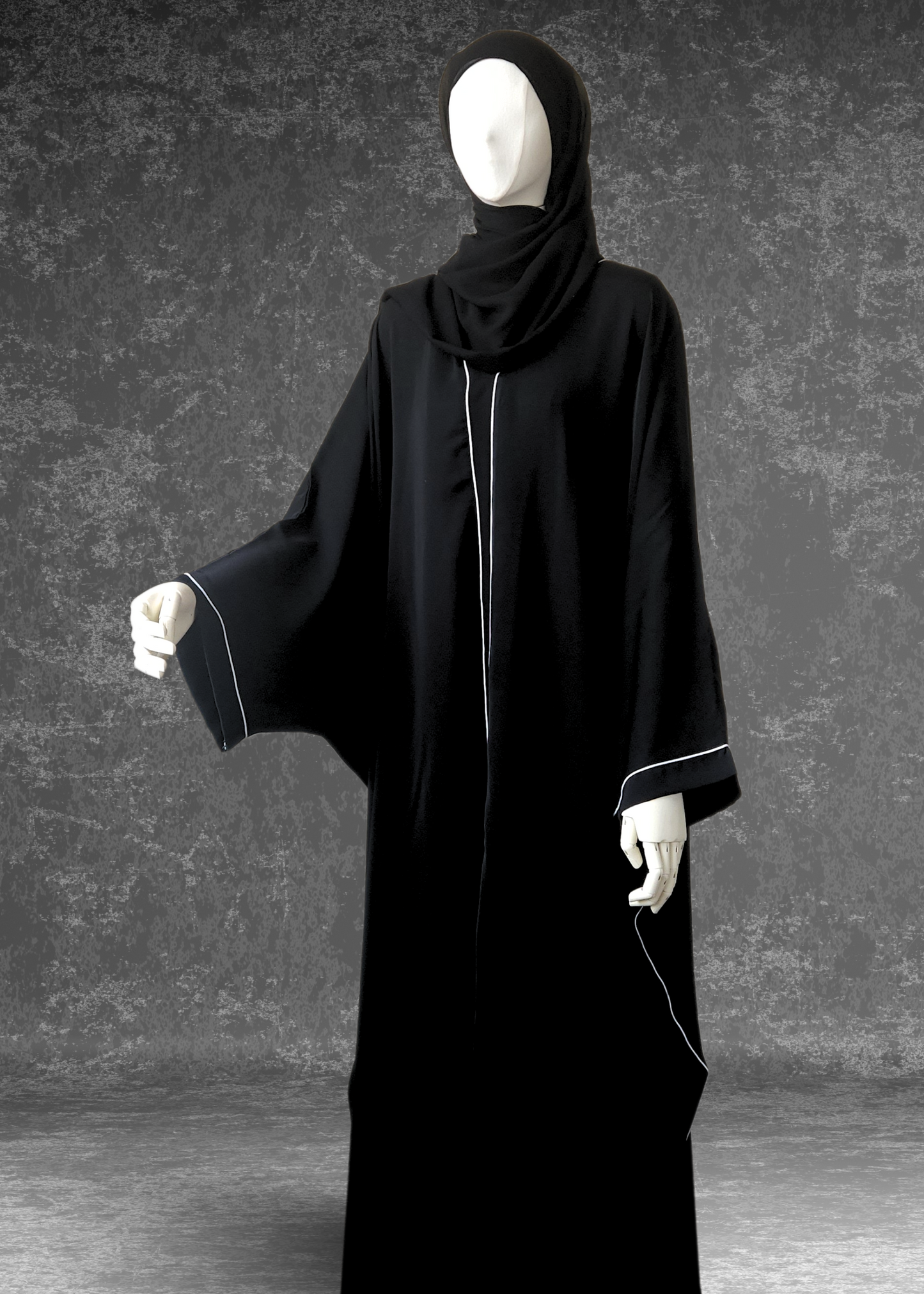 Simple Black Abaya Kaftan Premium Nida White Piping - Khushu Modest Wear