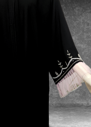 Black Abaya With Hand-Embroidery Beads And Net Sleeves - Khushu Modest Wear
