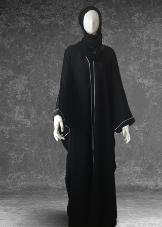 Simple Black Abaya Kaftan Premium Nida White Piping - Khushu Modest Wear