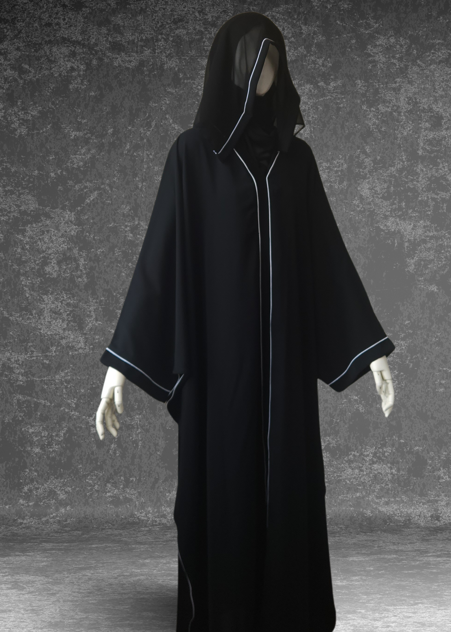 Simple Black Abaya Kaftan Premium Nida White Piping - Khushu Modest Wear