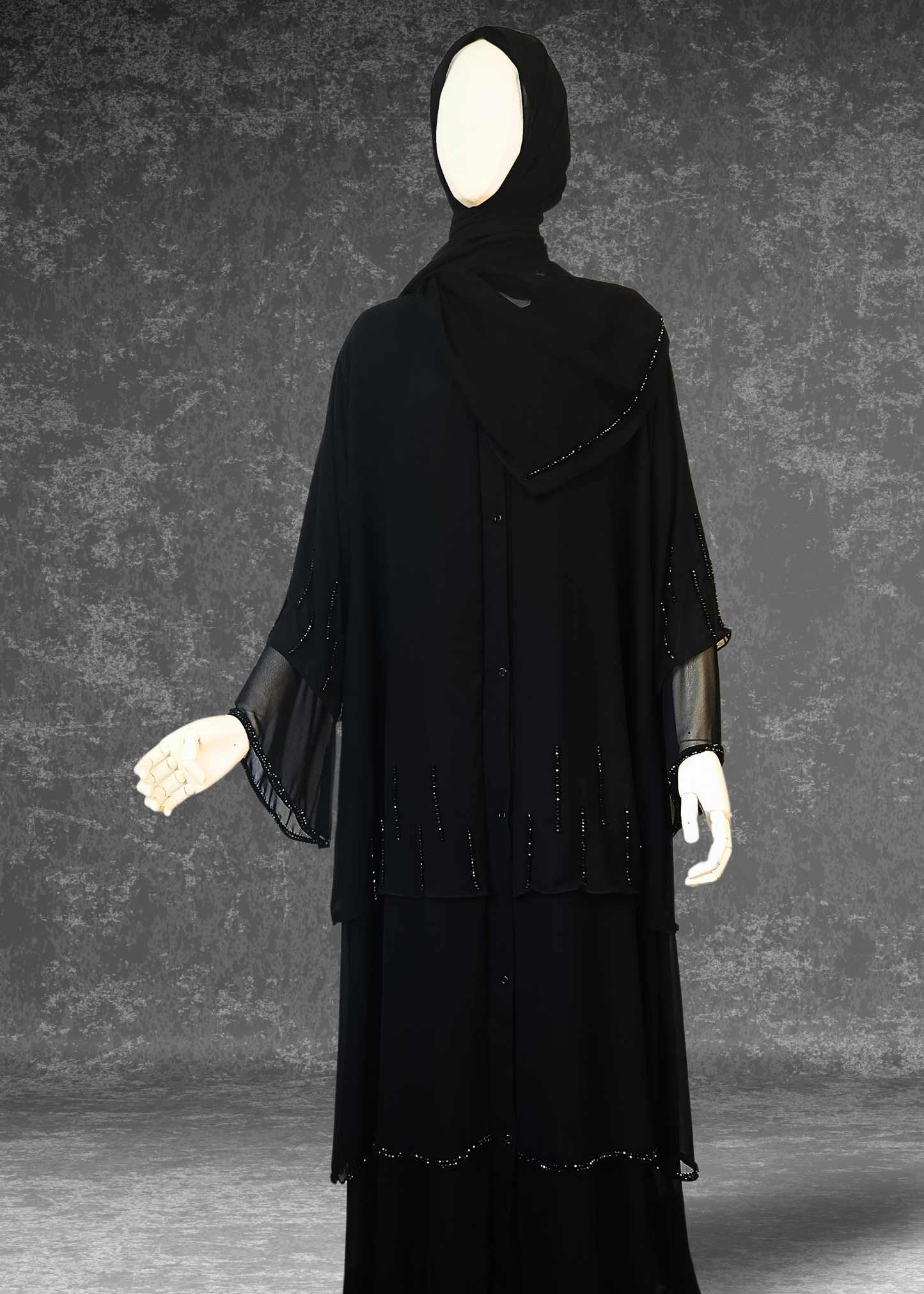 Three-Layer Elegant Chiffon Black Abaya- Layl Abaya