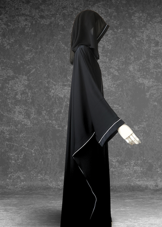 Simple Black Abaya Kaftan Premium Nida White Piping - Khushu Modest Wear