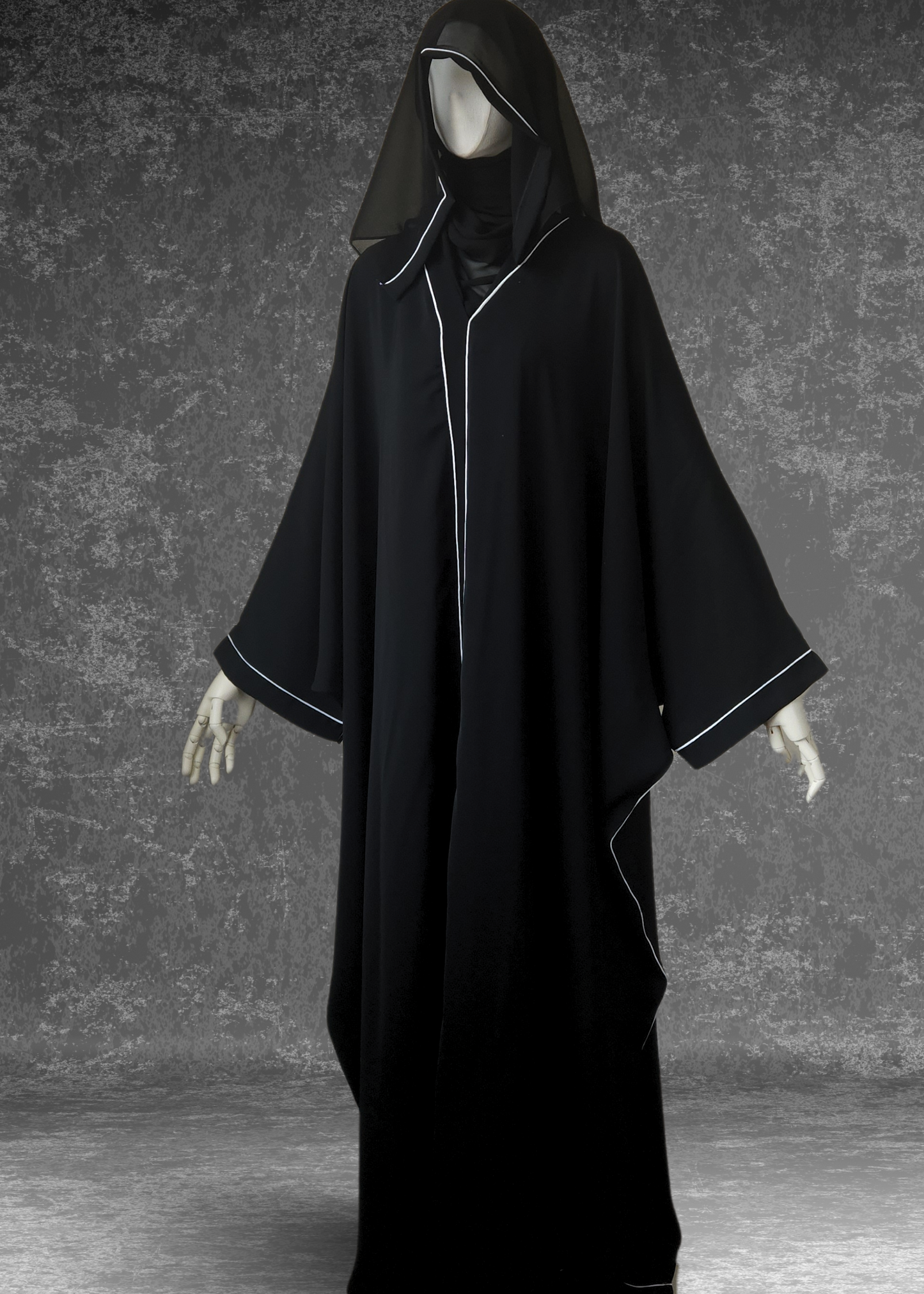 Simple Black Abaya Kaftan Premium Nida White Piping - Khushu Modest Wear