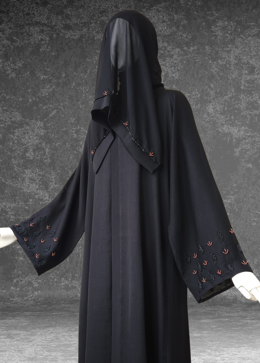 Premium Hand-Embroidered Black Abaya in Luxe Zoom Fabric - Khushu Modest Wear