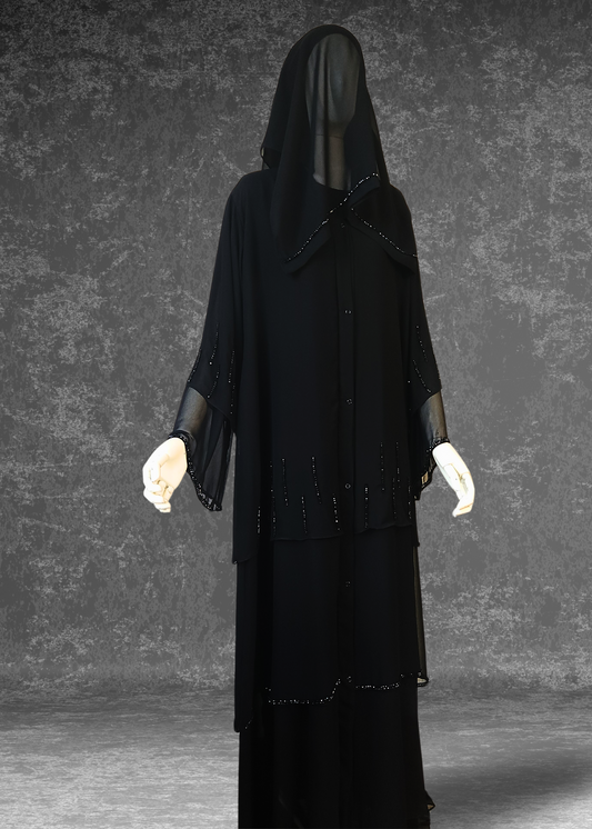 Three-Layer Elegant Chiffon Black Abaya- Layl Abaya