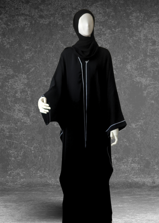 Simple Black Abaya Kaftan Premium Nida White Piping - Khushu Modest Wear