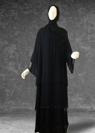 Three-Layer Elegant Chiffon Black Abaya- Layl Abaya