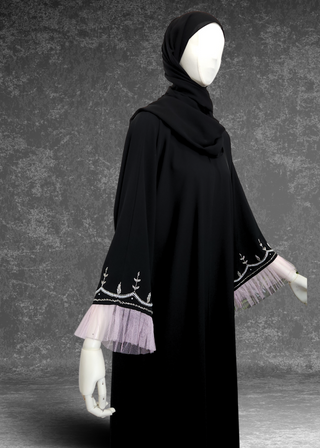 Black Abaya With Hand-Embroidery Beads And Net Sleeves - Khushu Modest Wear