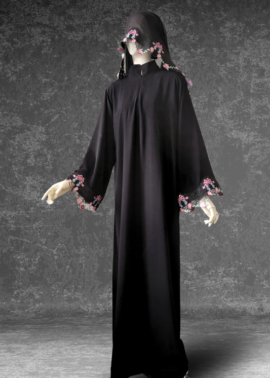 Rose Petal Lace Black Abaya