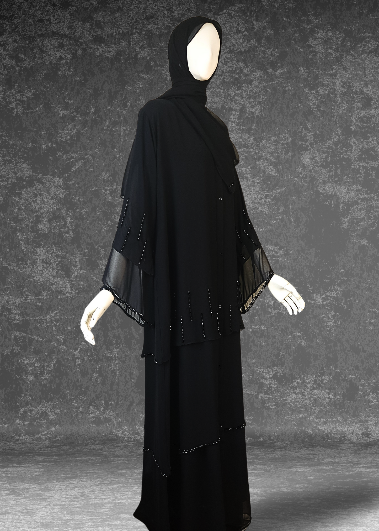 Three-Layer Elegant Chiffon Black Abaya- Layl Abaya