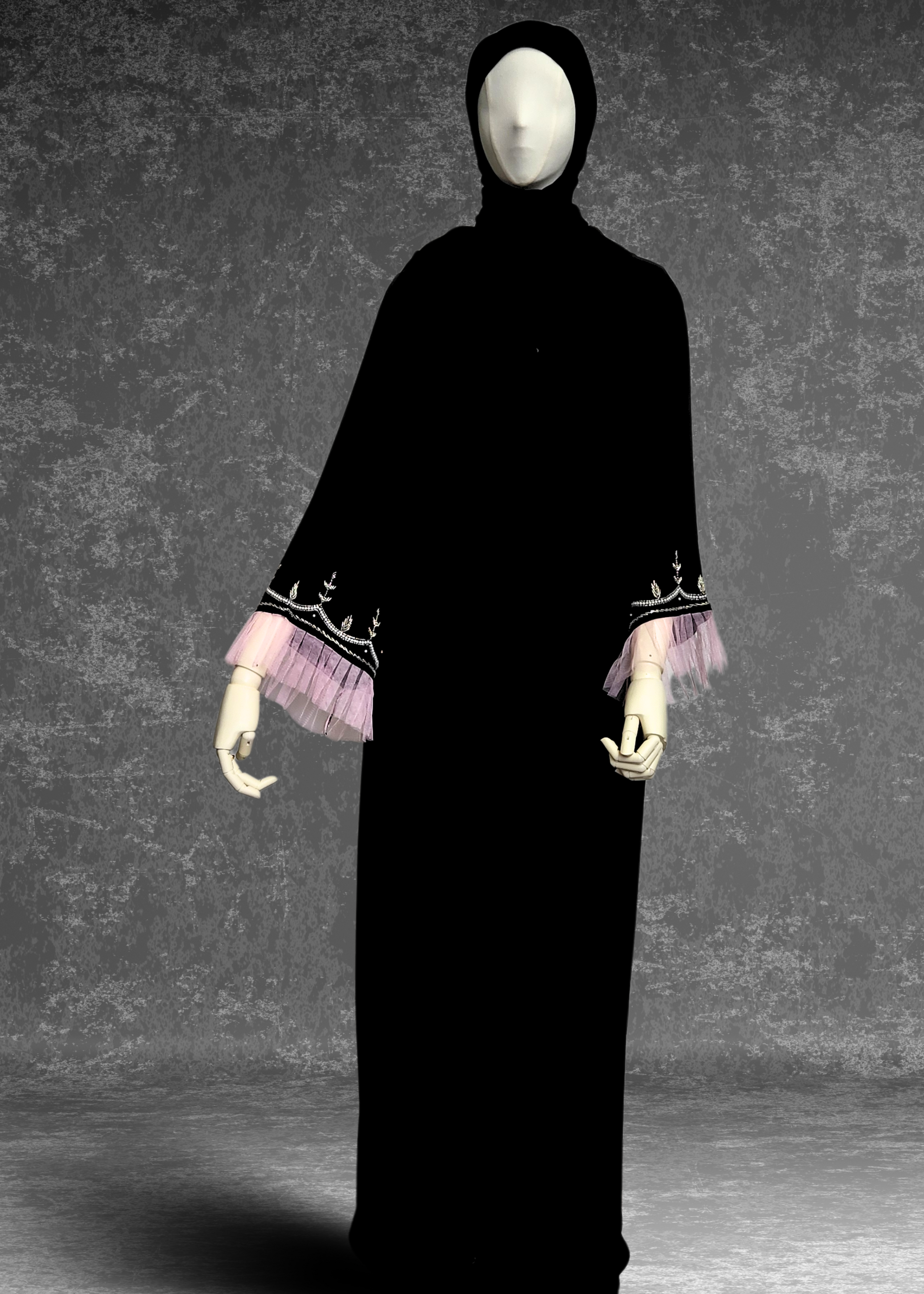Black Abaya With Hand-Embroidery Beads And Net Sleeves - Khushu Modest Wear