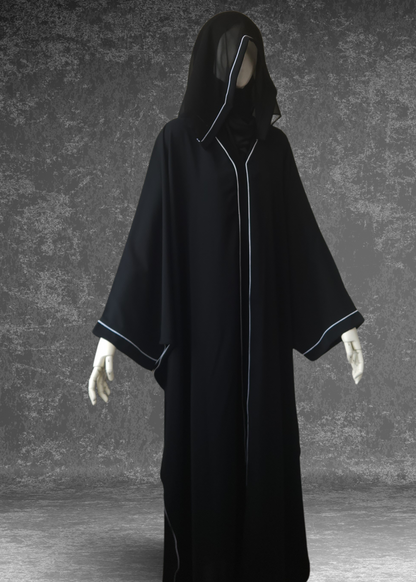 Simple Black Abaya Kaftan Premium Nida White Piping - Khushu Modest Wear