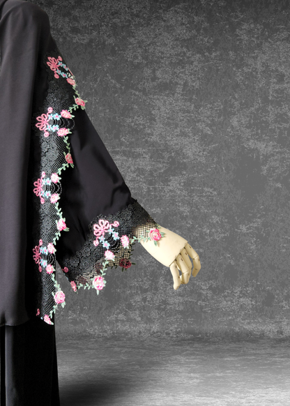 Rose Petal Lace Black Abaya