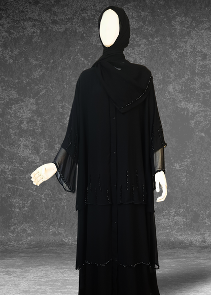 Three-Layer Elegant Chiffon Black Abaya- Layl Abaya