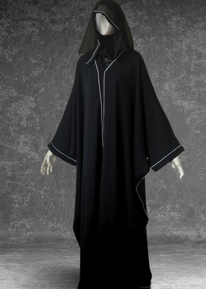 Simple Black Abaya Kaftan Premium Nida White Piping - Khushu Modest Wear