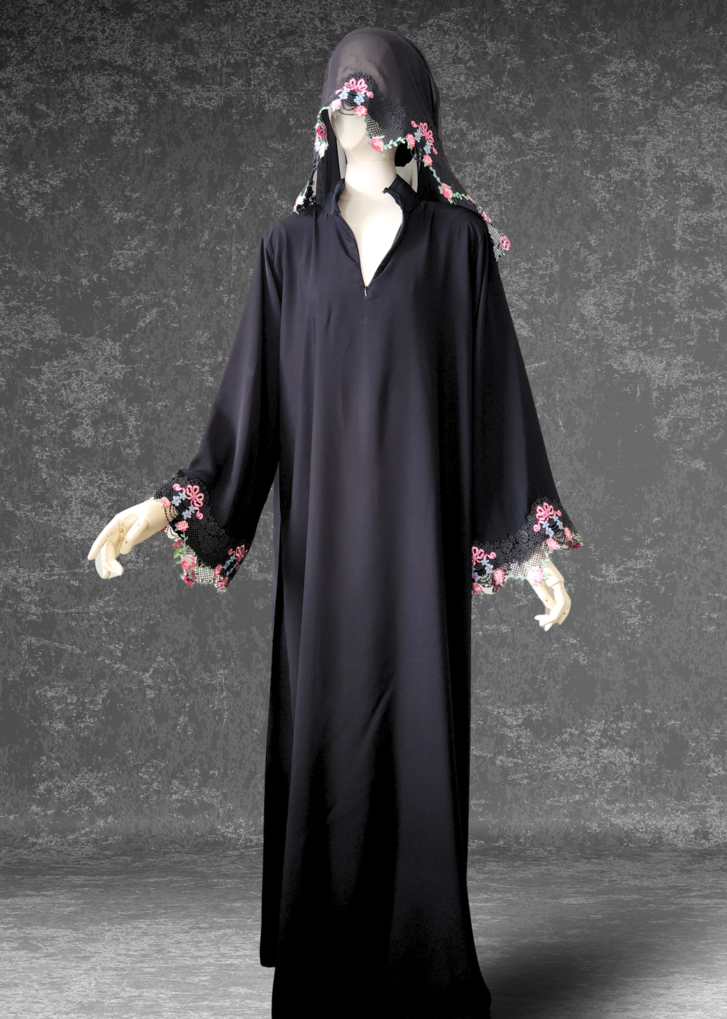 Rose Petal Lace Black Abaya