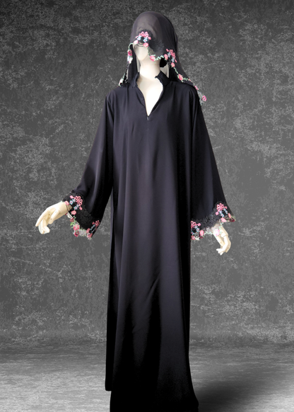 Rose Petal Lace Black Abaya