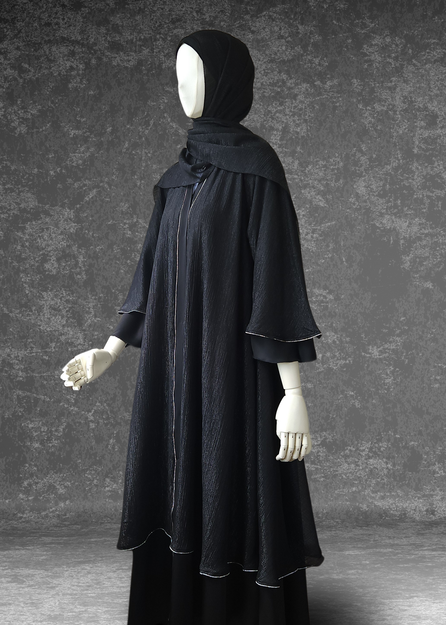 Flared Two-Layered Metallic Black chiffon Abaya