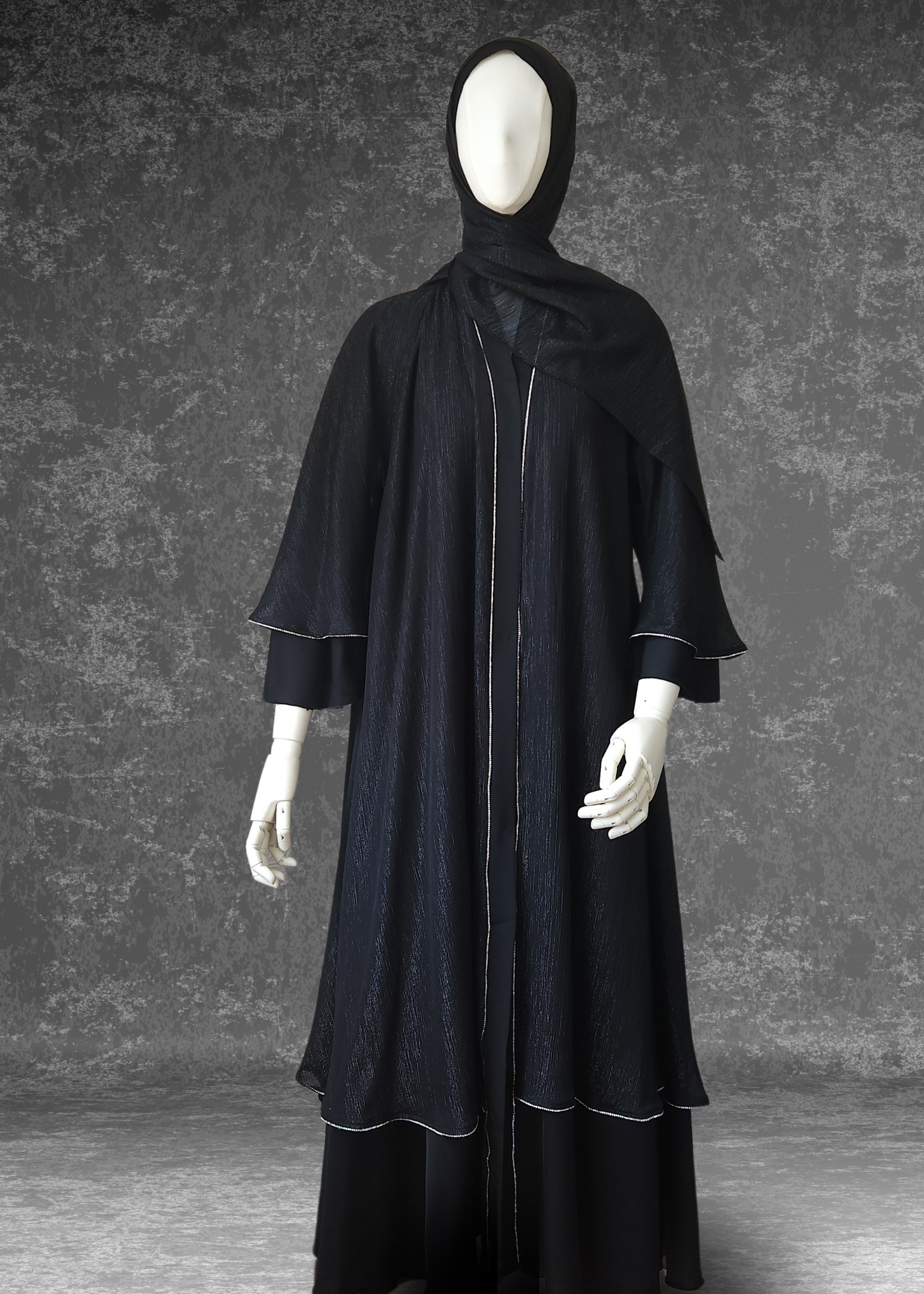 Flared Two-Layered Metallic Black chiffon Abaya
