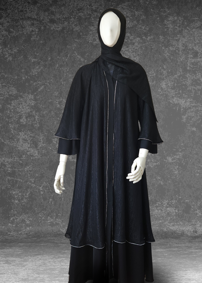 Flared Two-Layered Metallic Black chiffon Abaya