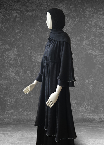 Flared Two-Layered Metallic Black chiffon Abaya
