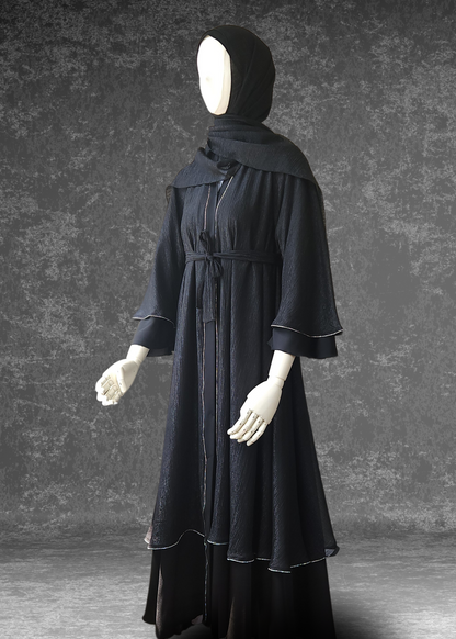 Flared Two-Layered Metallic Black chiffon Abaya