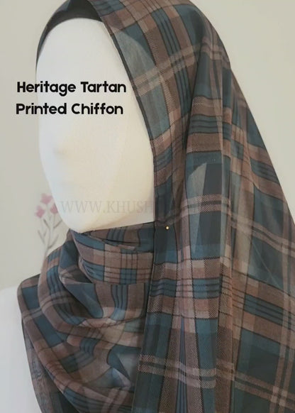 Heritage Tartan Printed Chiffon Hijab – Navy & Rust