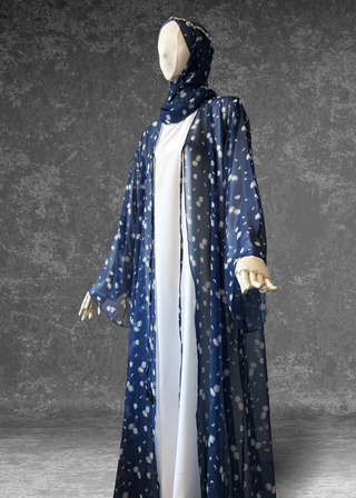 Daisy Drift – 3 Piece Abaya Set | Blue Chiffon with Satin Inner & Hijab