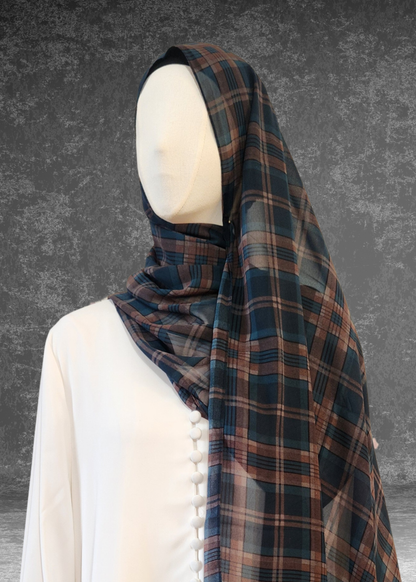 Heritage Tartan Printed Chiffon Hijab – Navy & Rust