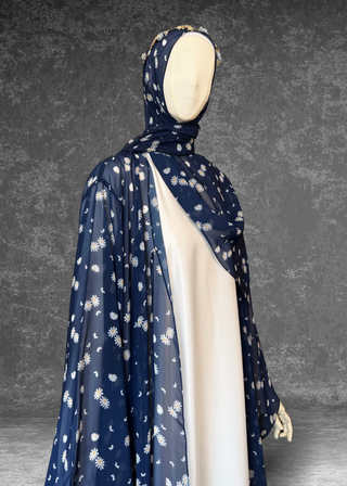 Daisy Drift – 3 Piece Abaya Set | Blue Chiffon with Satin Inner & Hijab