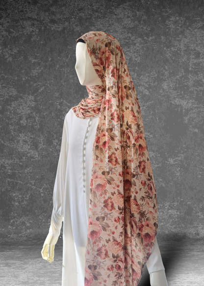 Vintage Rose Tea soft printed jersey hijab with large red and tan antique floral patterns.