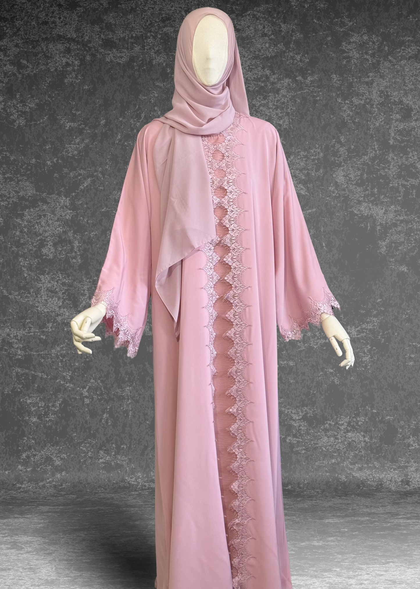 Blush Pink Lace Abaya with Matching Hijab