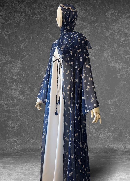 Daisy Drift – 3 Piece Abaya Set | Blue Chiffon with Satin Inner & Hijab