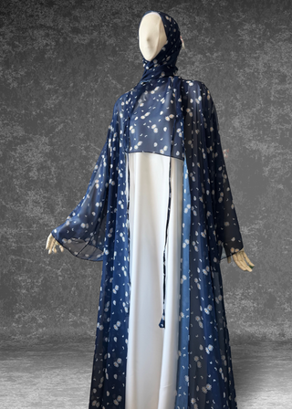 Daisy Drift – 3 Piece Abaya Set | Blue Chiffon with Satin Inner & Hijab