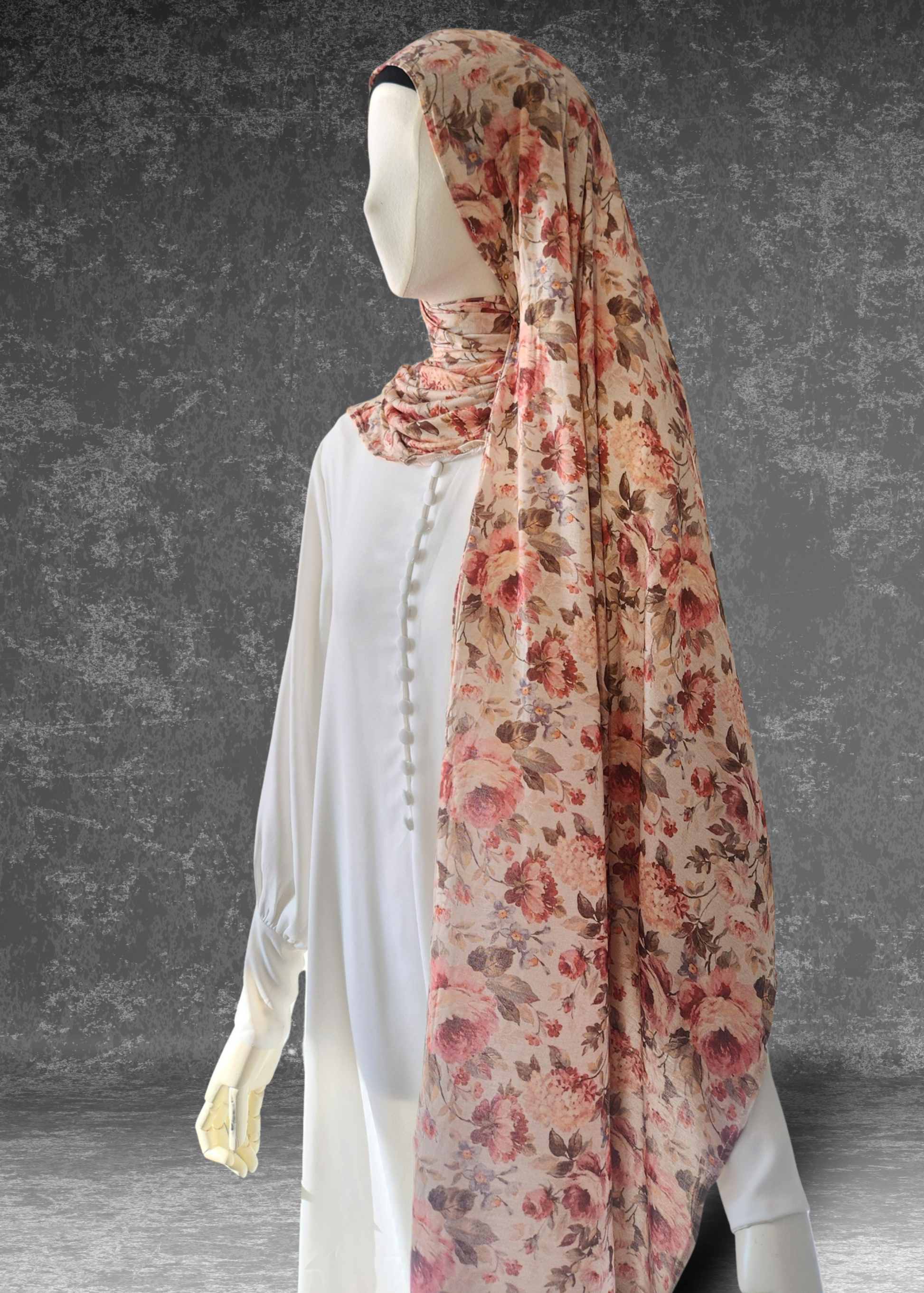 Vintage Rose Tea soft printed jersey hijab with large red and tan antique floral patterns.