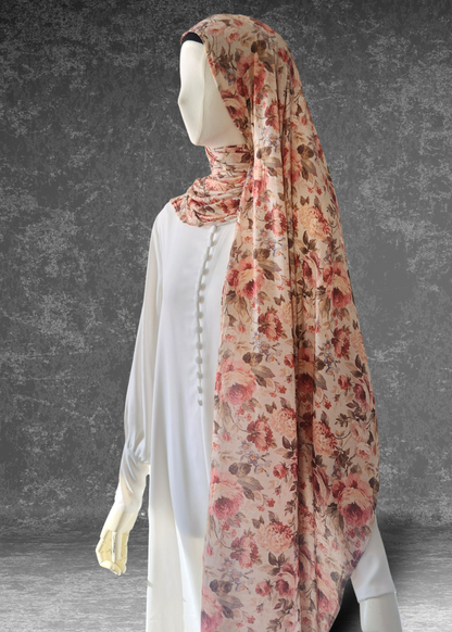 Vintage Rose Tea soft printed jersey hijab with large red and tan antique floral patterns.