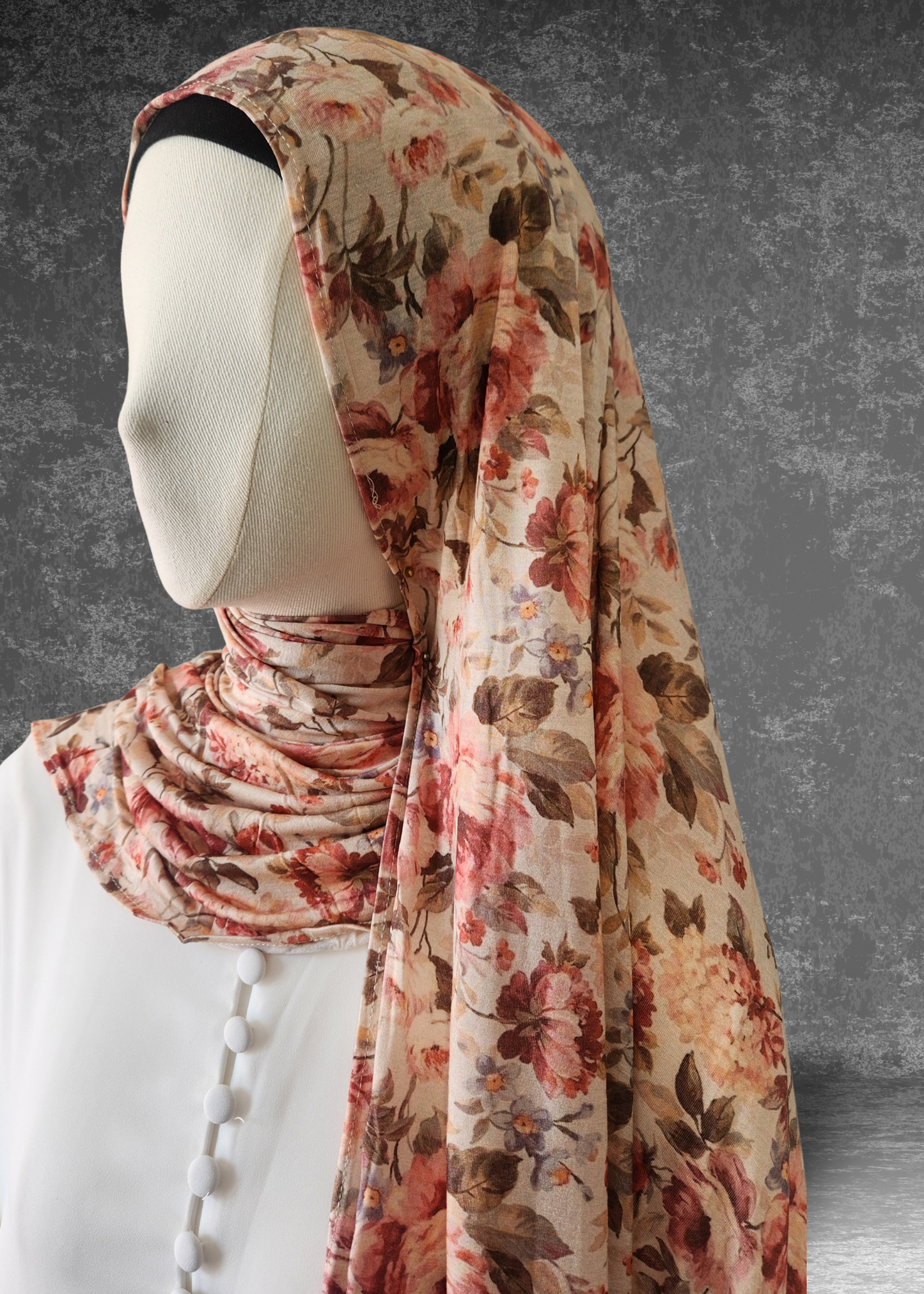 Vintage Rose Tea soft printed jersey hijab with large red and tan antique floral patterns.