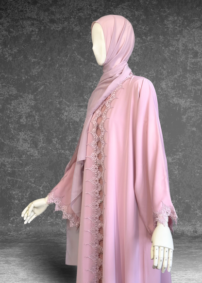 Blush Pink Lace Abaya with Matching Hijab