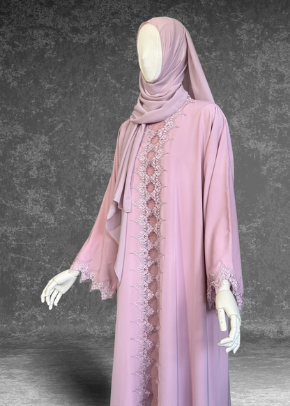 Blush Pink Lace Abaya with Matching Hijab