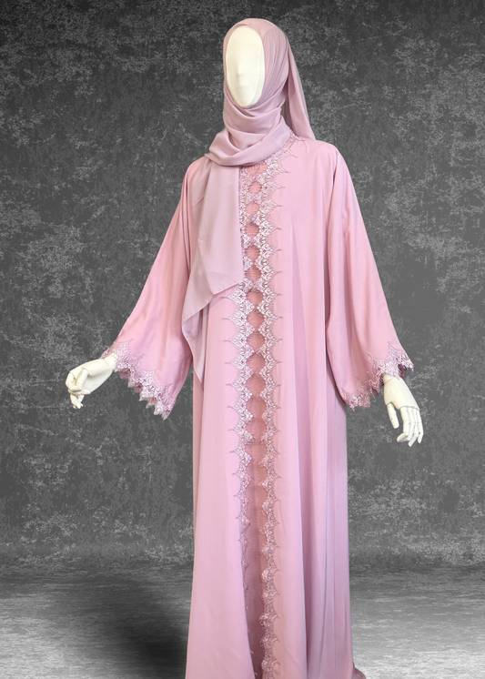Blush Pink Lace Abaya with Matching Hijab