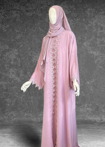 Blush Pink Lace Abaya with Matching Hijab