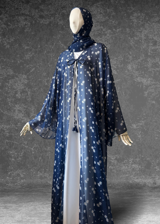 Daisy Drift – 3 Piece Abaya Set | Blue Chiffon with Satin Inner & Hijab
