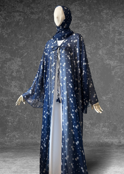 Daisy Drift – 3 Piece Abaya Set | Blue Chiffon with Satin Inner & Hijab