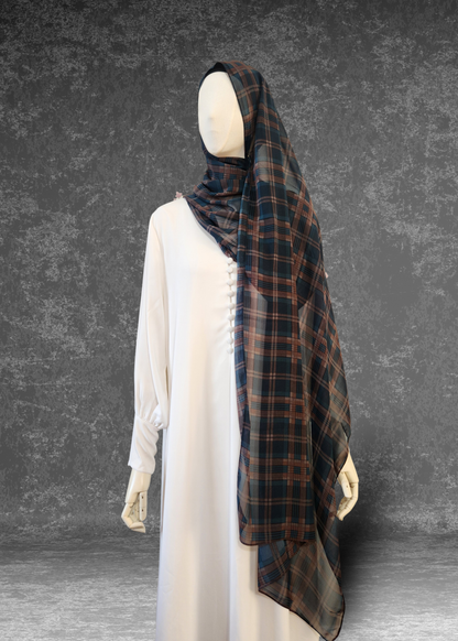 Heritage Tartan Printed Chiffon Hijab – Navy & Rust