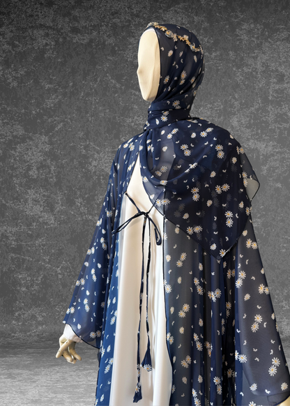 Daisy Drift – 3 Piece Abaya Set | Blue Chiffon with Satin Inner & Hijab