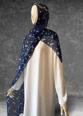 Daisy Drift – 3 Piece Abaya Set | Blue Chiffon with Satin Inner & Hijab