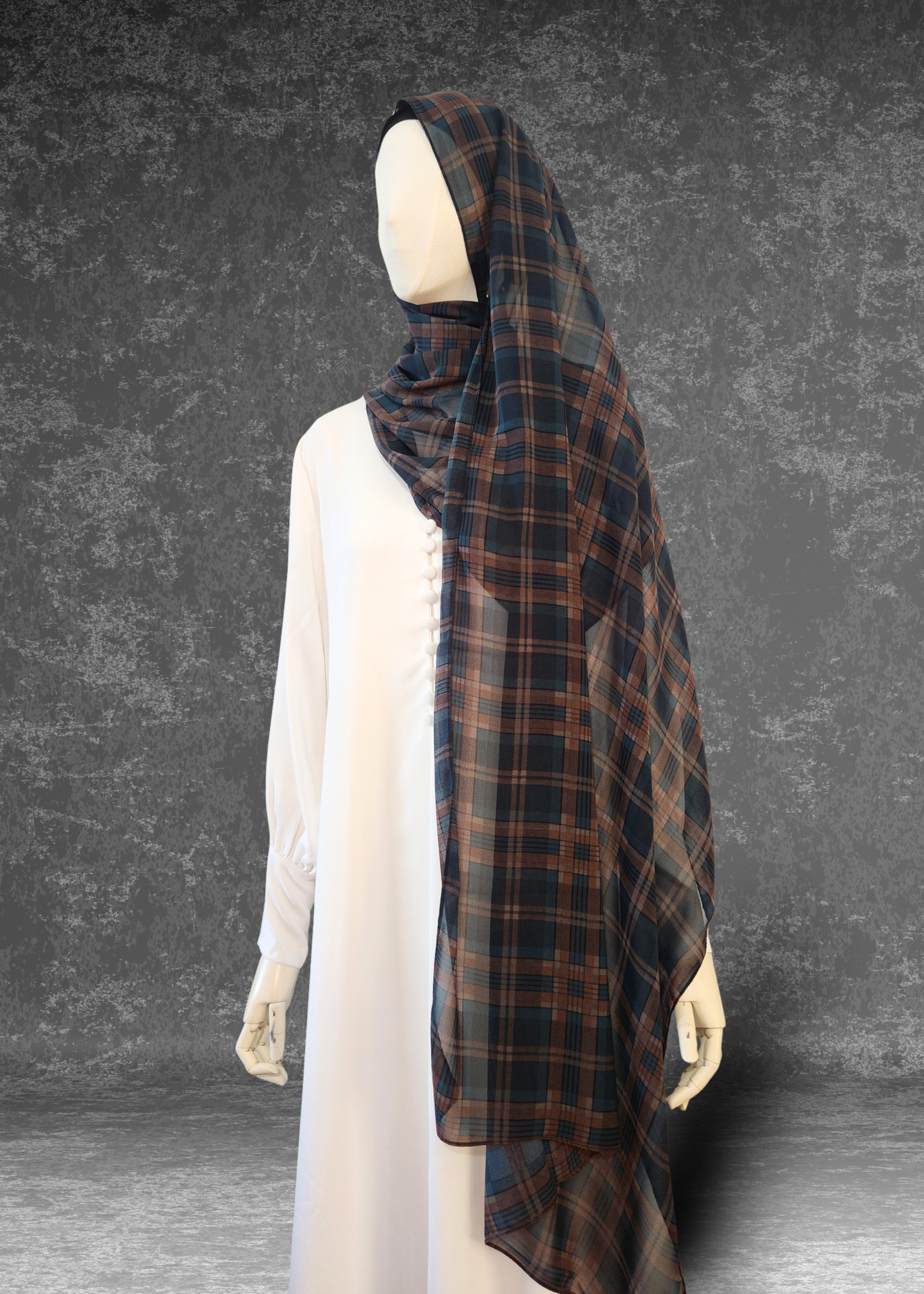 Heritage Tartan Printed Chiffon Hijab – Navy & Rust
