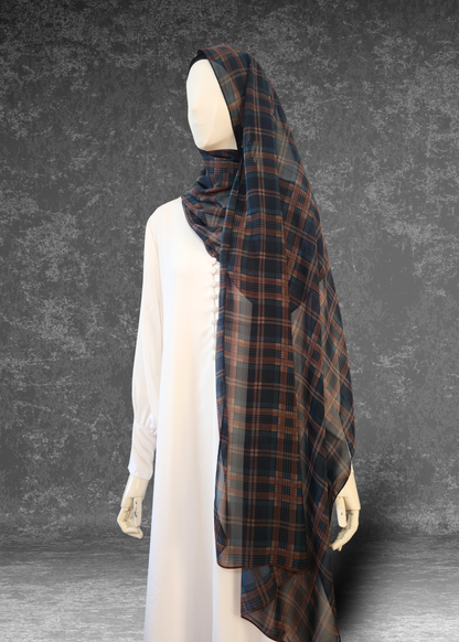 Heritage Tartan Printed Chiffon Hijab – Navy & Rust