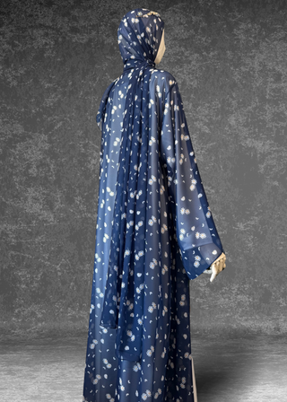 Daisy Drift – 3 Piece Abaya Set | Blue Chiffon with Satin Inner & Hijab